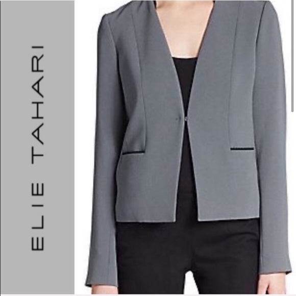 Elie Tahari Nancie Shark Fin Mid Length Zip Back Blazer 6 Grey Black - Picture 1 of 10